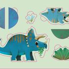 Eine Illustration zeigt einen blauen Dinosaurier mit Hörnern, der ein Blatt frisst, umgeben von Puzzleteilen und einer Biene.