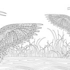 Zwei detailliert gezeichnete Kraniche mit floralen Mustern, stehende in hohem Gras, einer mit erhobenen Flügeln.