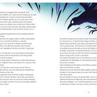 Doppelseite mit Text: Erzählt eine Geschichte über Sedna, eine riesige Krähe und das Meer. Illustration: Krähe mit blauen Federn.