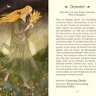 Logo von Demeter mit Text über die Göttin der Erde. Illustration einer Frau mit Weizen und fließendes Gewand, Natur umgeben.