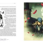 Textauszug aus "Die Sturmhöhe". Illustration: Zwei Personen in historischer Kleidung, rote Blütenblätter wirbeln herum.