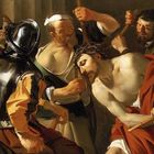 Eine historische Szene mit mehreren Menschen. Ein Mann trägt eine Dornenkrone und wird von anderen Männern bedrängt.