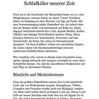 Kapitelüberschrift: "4 Schlafkiller unserer Zeit." Untertitel: "Blaulicht und Medienkonsum." Text beschreibt Schlafstörungen.