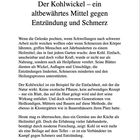 Nummer 9. Der Kohlwickel – ein altbewährtes Mittel gegen Entzündung und Schmerz. Text über die Heilwirkung von Kohl.
