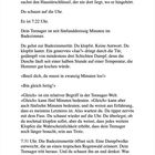 Ein Text beschreibt einen morgendlichen Vorfall. Ein Teenager braucht lange im Bad, trotz mehrmaligem Klopfen. Die Uhr zeigt 7:22 Uhr.