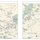 Links oben "Santiago". Rechts zwei Karten von Stadtteilen mit Straßen, Parks und wichtigen Orten wie Museums und Theatern.