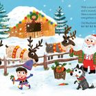 Text: "reindeer! Ho! Ho! Ho! Ho! Ho!" "With a munch, crunch here,..." "Old MacSanta had a farm. Ho! Ho! Ho! Ho!" 

Eine winterliche Illustration mit Weihnachtsmann, Elfen, Rentieren und Tieren auf einem verschneiten Bauernhof.