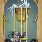 „Ace of Goblets“ steht unter einem goldenen Kelch, gehalten von einer Hand mit lila Fingernägeln. 