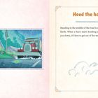 Ein rotes Auto fährt bei Regen auf Lilo und Stitch zu. Text: "Heed the horn!" und eine Warnung vor Straßenverkehr.