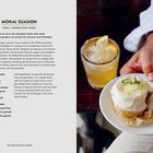 "Moral Suasion. Rezept für einen floralen Cocktail. Rechts eine Person mit Cupcake und einem Getränk mit Eis und Zitronenscheibe."