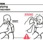 Links wird Sonnenschutzcreme sanft aufgetragen, rechts ein Spray direkt ins Gesicht gesprüht, als Fehler markiert.