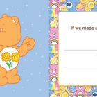 Text: "If we made up our own Care Bears, you’d be ___, and I'd be ___." Zwei Bären mit Symbolen auf buntem Hintergrund.