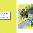 Links: „Birds can tell when you're cheap. Bring the good seed.“ Rechts: Hund mit „Poor Seed“, Mann mit „Rich Seed“ und vielen Vögeln.