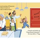 Texte: „Knock Knock“, „Chag Pesach Sameach“. Illustration: Mehrere Personen feiern Passover zu Hause.