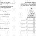 Links: "MERGE THE WORDS", Puzzle mit Hinweisen. Rechts: "SCRABBLE MOUNTAIN", Buchstaben-Pyramide mit Beispiel.