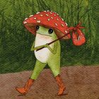 Eine Illustration eines Frosches mit einem Fliegenpilzhut, Stiefeln und einem roten Bündel auf dem Rücken, auf einem Weg gehend.