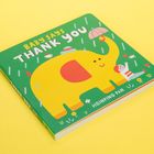 „BABY SAYS THANK YOU“ in großen Buchstaben, mit einem gelben Elefanten, der einen Regenschirm hält; bunte Illustrationen.