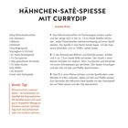 Hähnchen-Saté-Spieße mit Currydip. Zutaten: Hähnchenbrustfilet, Sojasauce, Möhren. "Aroma-Kick" und "Vorrats-Tipp" hervorgehoben. 

