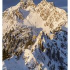 Text: Blick vom Brunnenkopf auf die Große Klammspitze, Bayern. Schneebedeckte Berge und Bäume unter klarem Himmel.