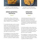 Zwei Waffelrezepte: "Süßkartoffel-Waffeln" und "Kräuter-Waffeln" mit Zutaten, Zubereitung und Nährwertangaben.