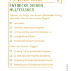1-MINUTEN-CHECK: Entdecke deinen Multitasker. Erkennt äußere und innere Trigger mit Auflistungen, weißer Hintergrund.