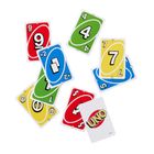 Texte: 9, +2, 4, 7, UNO. Verschiedene UNO-Karten in Rot, Grün, Blau und Gelb.