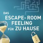 Text: "Das Escape-Room Feeling für zu Hause". Links Stundenglas, rechts Vorhängeschloss, oben ein Labyrinth.