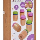 „4 sounds“, „find matches“, Logo mit Holzklötzen in Lila, Grün, und Blau. Montessori by Eichhorn.