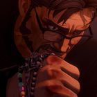 Ein Mann mit Bart und Brille hält besorgt eine Gebetskette, seine Hand ist blutig. Illustration.