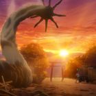 Eine riesige, krakenartige Kreatur erhebt sich vor einem Torii im Sonnenuntergang, daneben ein Fahrzeug und eine Person.