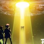 Eine Illustration zeigt ein großes UFO, das über Menschen schwebt und eine Kuh in einen Lichtstrahl zieht.
