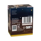 Text: "Lieferung ohne Kerze. Candle not included." Sternenmuster auf dunklem Hintergrund, Barcode und QR-Code.