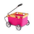 Ein pinker Handwagen mit gelbem Rand und vier Rädern; Griff in Metalloptik, kompakt und modern gestaltet.