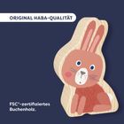 Text: "ORIGINAL HABA-QUALITÄT" und "FSC®-zertifiziertes Buchenholz." Illustration: Holzfigur eines sitzenden Hasen.