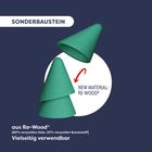 Sonderbaustein aus Re-Wood®. Grünes Kegelobjekt, vielseitig verwendbar, mit Pfeil und Kreis auf blauem Hintergrund.