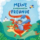 "MEINE KINDERGARTEN FREUNDE" in bunten Buchstaben. Illustration: Kind als Ritter auf einem Drachen, Burg im Hintergrund.