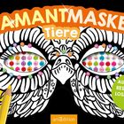 "DIAMANTMASKEN Tiere", bunte, verzierte Maskenillustration mit Stiften, leuchtend und kreativ.