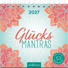 2027 Glücks Mantras in roter und grüner Schrift. Illustration: Blütenmuster in Ecken, 53 Postkarten, arsEdition.