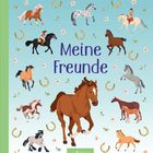 "Meine Freunde" in lilafarbener Schrift, umgeben von Pferdeillustrationen, Hufeisen und Blumen auf hellblauem Hintergrund.