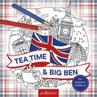 "TEA TIME & BIG BEN", "Der England-Malblock". Illustration mit Union Jack, Bleistiften, Big Ben, Tasse und Telefonzelle.