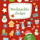 "Weihnachtssticker", "Über 200 Sticker". Illustration mit Weihnachtsfiguren wie Schneemännern, Tieren und Geschenken.