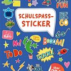 „SCHULSPASS-STICKER“, bunte Illustrationen: Regenbogen, Kaktus, Katze, Zebra, Rakete, Sterne, musikalischer Kassettenrekorder.