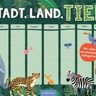 Text: "Stadt, Land, TIER". Tabellenüberschriften: Stadt, Land, Säugetier, Vogel, Insekt, Pflanze, Punkte.  
Illustration mit Tieren und Dschungel.