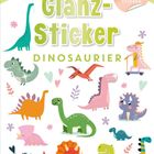 Text: "Glanz-Sticker, Dinosaurier, über 200 schillernde Sticker". Illustrationen von bunten Dinosauriern und Pflanzen.