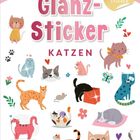"Glanz-Sticker KATZEN" mit Illustrationen von Katzen in verschiedenen Posen, Farben und Accessoires.
