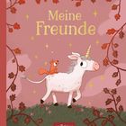 "Meine Freunde" in gelber Schrift, Illustration: Ein Eichhörnchen reitet auf einem Einhorn über eine Wiese, umgeben von Sternen und Blättern.