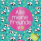 „Alle meine Freunde“ in einem großen pinken Kreis. Ein Herz und eine Blume daneben. Viele Pandas und Blumen als Muster.