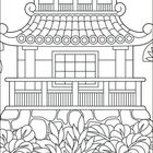 Illustration eines traditionellen asiatischen Pavillons, umgeben von Pflanzen und einem gewundenen Steinpfad.