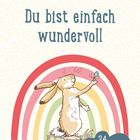 Text: "Du bist einfach wundervoll" und "24 liebe Komplimente für dich". Illustration: Hase vor Regenbogen.