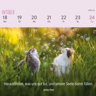 Text: "OKTOBER - KW 42 - 18 Mo - 19 Di - 20 Mi - 21 Do - 22 Fr - 23 Sa - 24 So. Herausfinden, was uns gut tut, und unsere Seele damit füllen. Justus Paul." Zwei Katzen im Gras mit Seifenblasen.